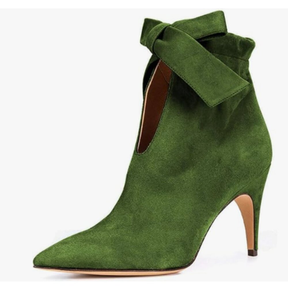 XYD Green Pointed Toe Ankle Booties Dress Kitten Heels Cute Bow for Women